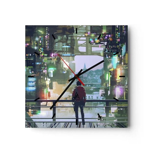Zegar ścienny - Postać w futurystycznym mieście z neonowymi światłami - 30x30cm - Dwa światy - Nowoczesna dekoracja ścienna do salonu i sypialni ARTTOR