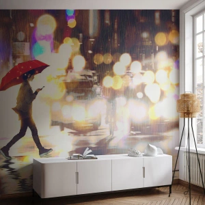 Fototapeta Standard Eco - Postać z czerwonym parasolem przechodząca przez deszczowe miasto - 100x70cm - A jednak słoneczna - Nowoczesna dekoracja ścienna do salonu i sypialni ARTTOR