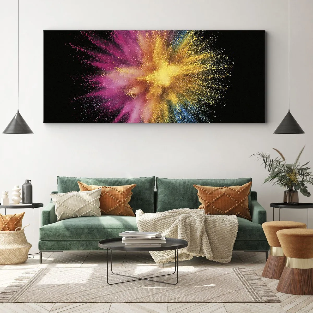 Obraz na płótnie - Kolorowy wybuch proszków na czarnym tle - 160x50cm - Narodziny barw - Nowoczesna dekoracja ścienna do salonu i sypialni ARTTOR