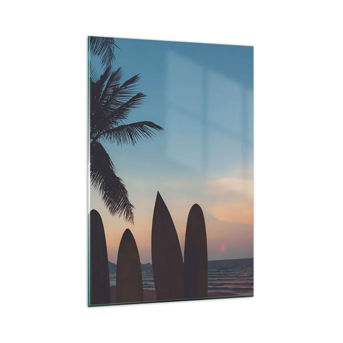 Obraz na szkle - Deski surfingowe na tle palmy i zachodu słońca - 80x120cm - Jutro też będzie zabawa - Nowoczesna dekoracja ścienna do salonu i sypialni ARTTOR