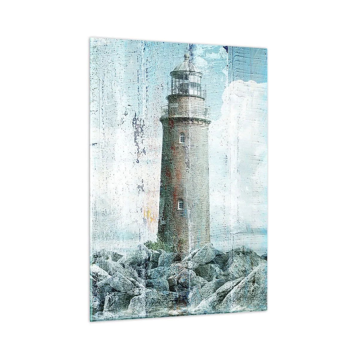 Obraz na szkle - Latarnia morska na tle chmur w stylu vintage - 50x70cm - Na starym drewnie - Nowoczesna dekoracja ścienna do salonu, kuchni i sypialni ARTTOR