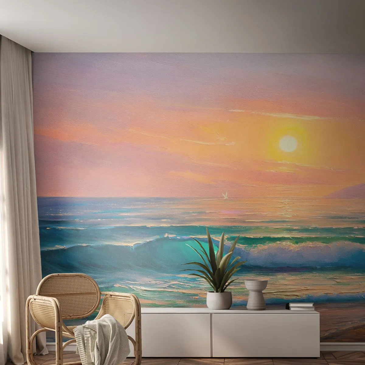 Fototapeta Premium Sand - Malowniczy zachód słońca nad morzem z falami - 100x70cm - Turkusowa pieśń fal - Nowoczesna dekoracja ścienna do salonu, kuchni i sypialni ARTTOR
