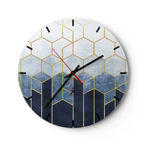Zegar ścienny - Geometryczny wzór z sześcianów w odcieniach niebieskiego i złota - 30x30cm - Kompozycja w synkopowym rytmie - Nowoczesna dekoracja ścienna do salonu, kuchni i sypialni ARTTOR