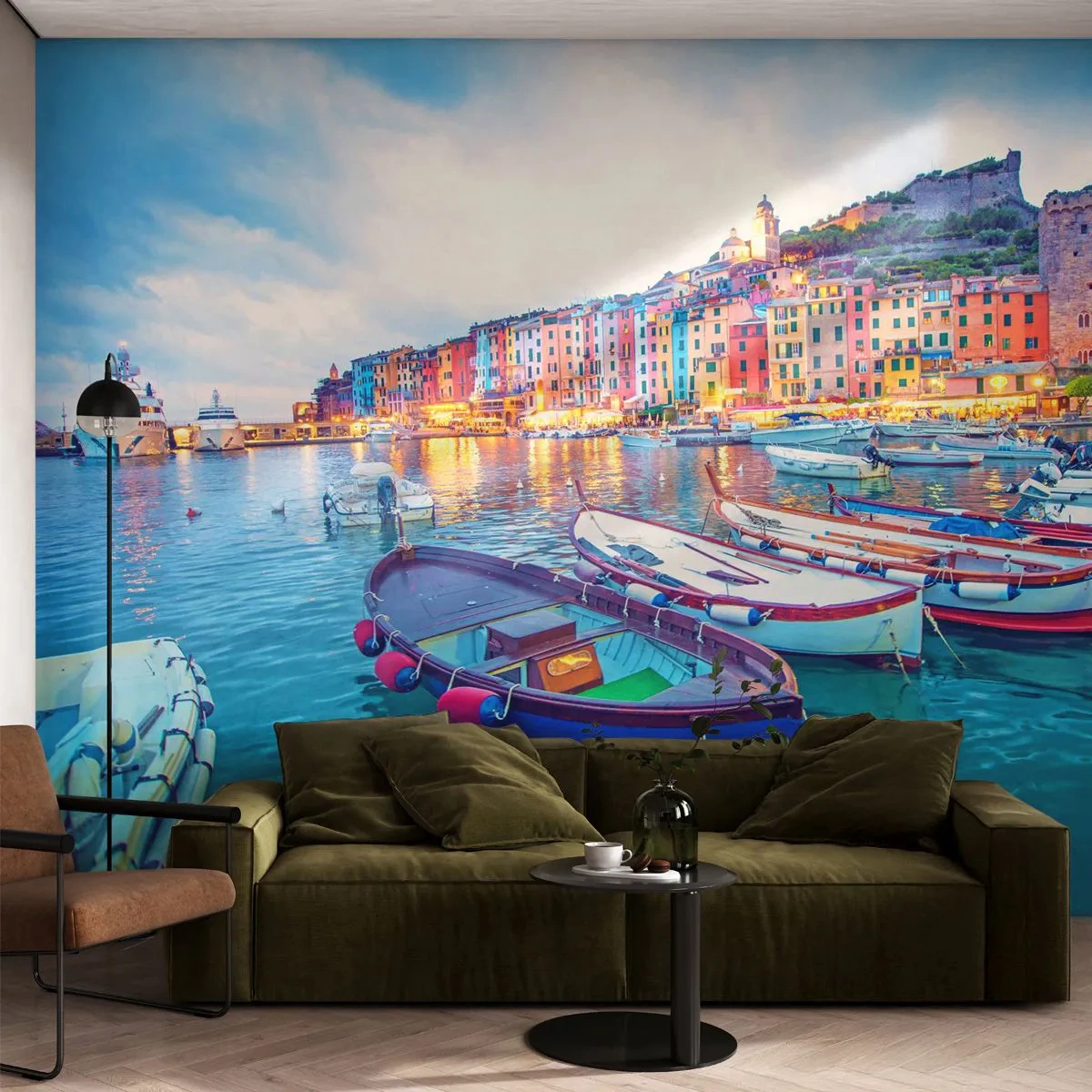 Fototapeta Premium Sand - Kolorowy port nadmorskiego miasteczka o zachodzie słońca - 100x70cm - Kolorowy wieczór w porcie - Nowoczesna dekoracja ścienna do salonu, kuchni i sypialni ARTTOR