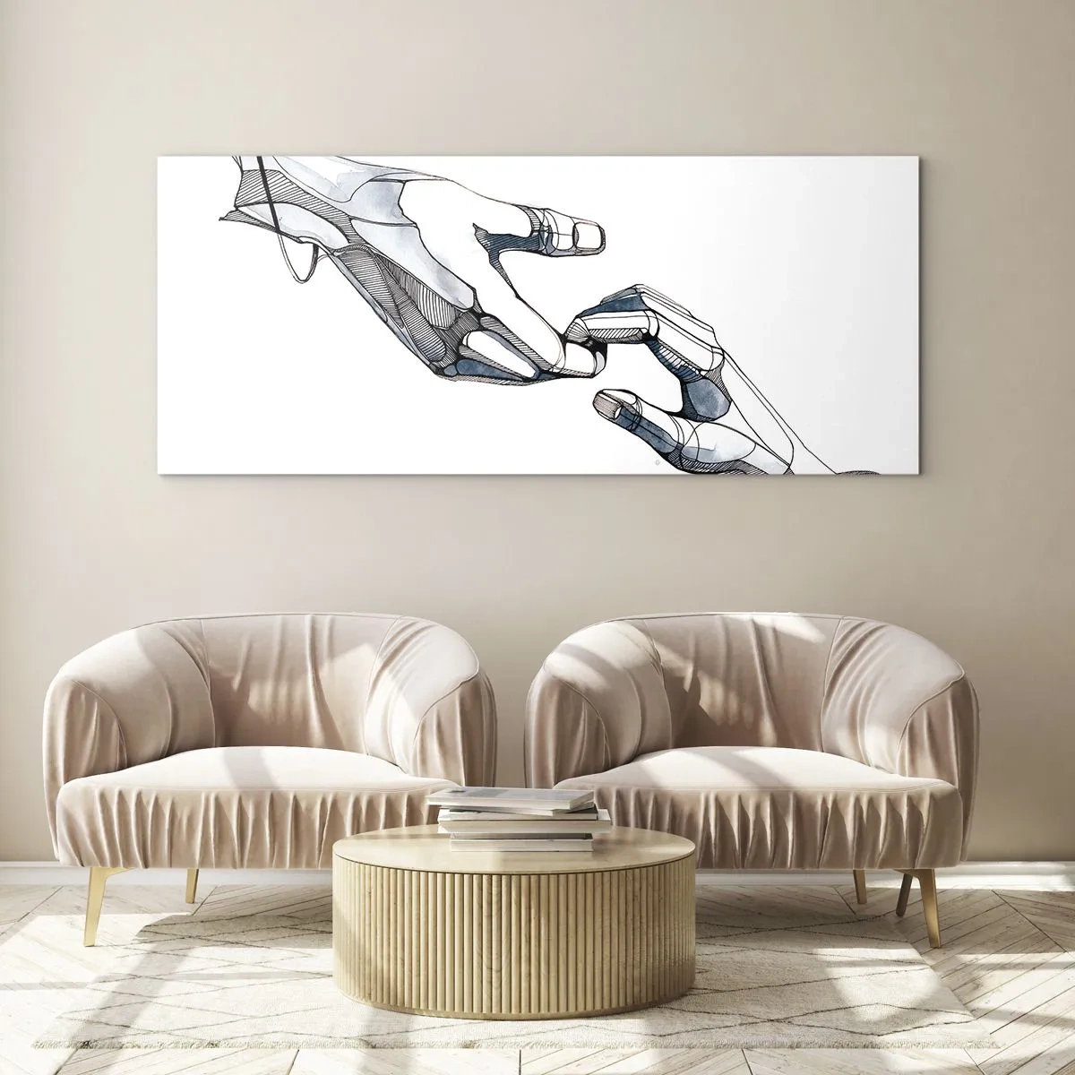 Obraz na szkle - Artystyczne przedstawienie dłoni w minimalistycznej i geometrycznej formie - 140x50cm - Dobry gest - Nowoczesna dekoracja ścienna do salonu i sypialni ARTTOR