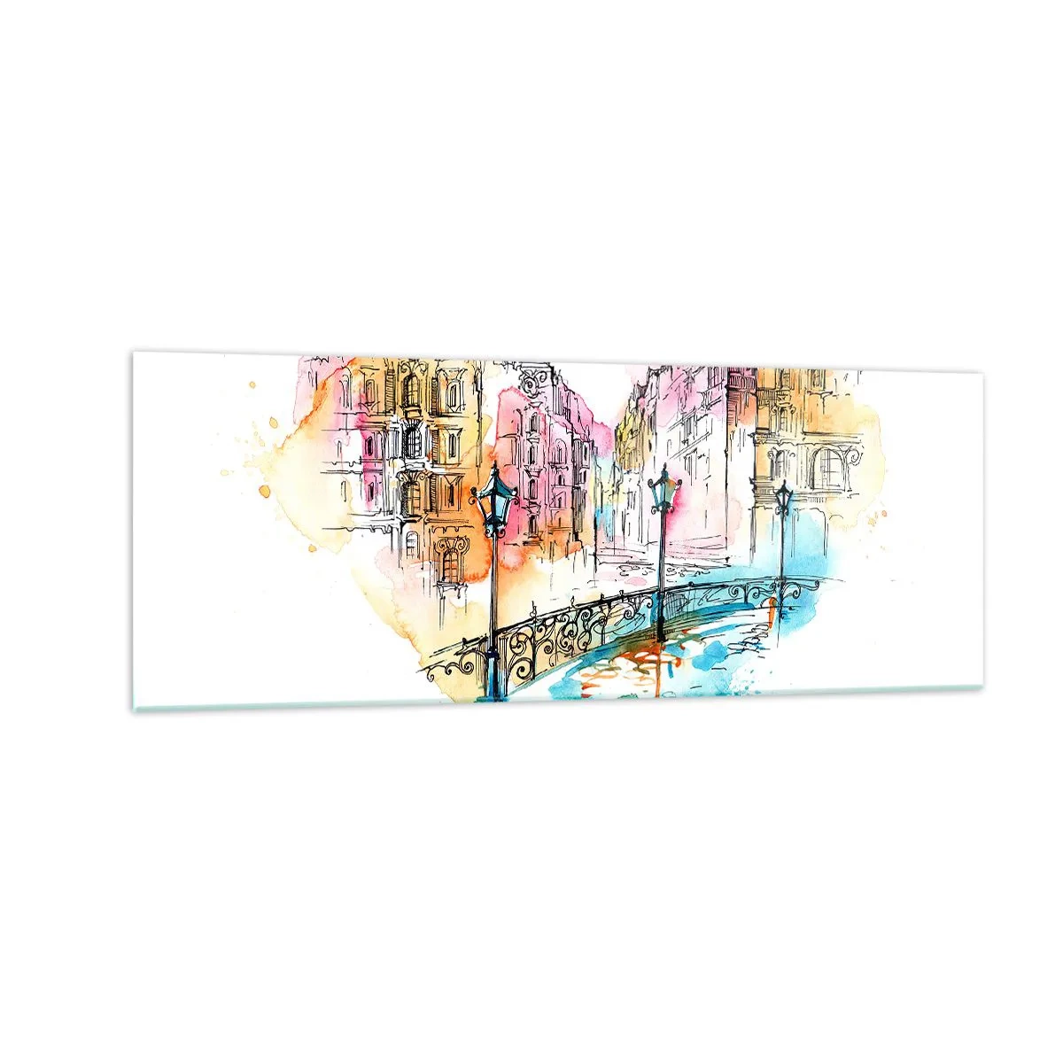 Obraz na szkle - Akwarela mostu i kamienic w sercowym kształcie - 140x50cm - Serce miasta - Nowoczesna dekoracja ścienna do salonu i sypialni ARTTOR