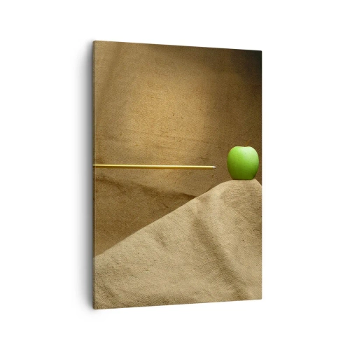 Obraz na płótnie - Zielone jabłko i strzała na tle płótna - 50x70cm - Przywołać ducha Wilhelma Tella - Nowoczesna dekoracja ścienna do salonu, kuchni i sypialni ARTTOR