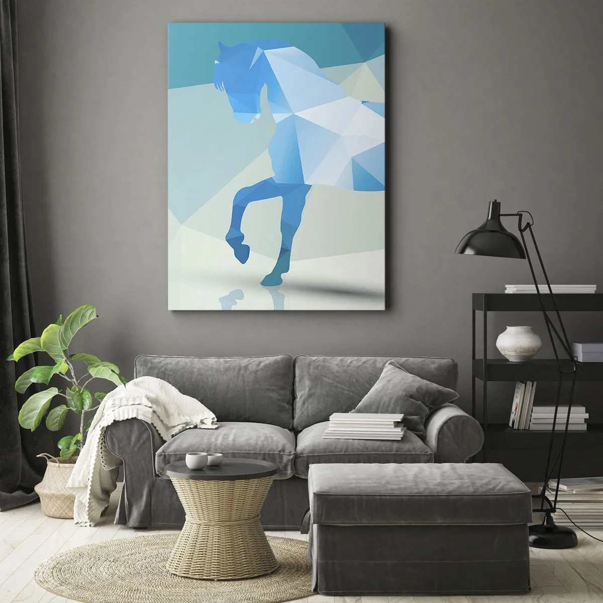 Obraz na płótnie - Geometryczny koń w dynamicznej pozie na abstrakcyjnym tle - 50x70cm - Geometryczny koń w turkusie - Nowoczesna dekoracja ścienna do salonu, kuchni i sypialni ARTTOR