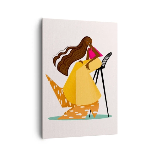 Obraz na płótnie - Stylizowana postać kobiety w kolorowej sukni siedząca na krześle - 50x70cm - Moda to też zabawa - Nowoczesna dekoracja ścienna do salonu, kuchni i sypialni ARTTOR