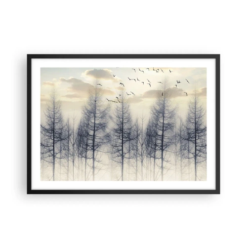 Plakat w czarnej ramie - Mglisty las z ptakami na tle nieba o zachodzie - 70x50cm - Duchy lasu - Nowoczesna dekoracja ścienna do salonu i sypialni ARTTOR