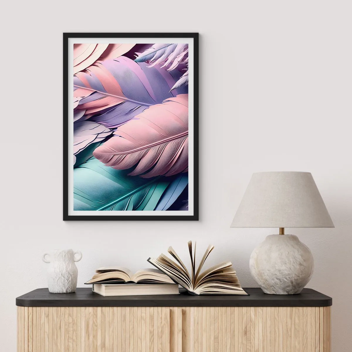 Plakat w czarnej ramie - Pastelowe pióra w delikatnych odcieniach - 50x70cm - Ptasi szyk - Nowoczesna dekoracja ścienna do salonu i sypialni ARTTOR