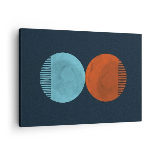 Obraz na płótnie - Minimalistyczne dwa koła w kolorach niebieskim i pomarańczowym - 70x50cm - Tylko geometria? - Nowoczesna dekoracja ścienna do salonu i sypialni ARTTOR