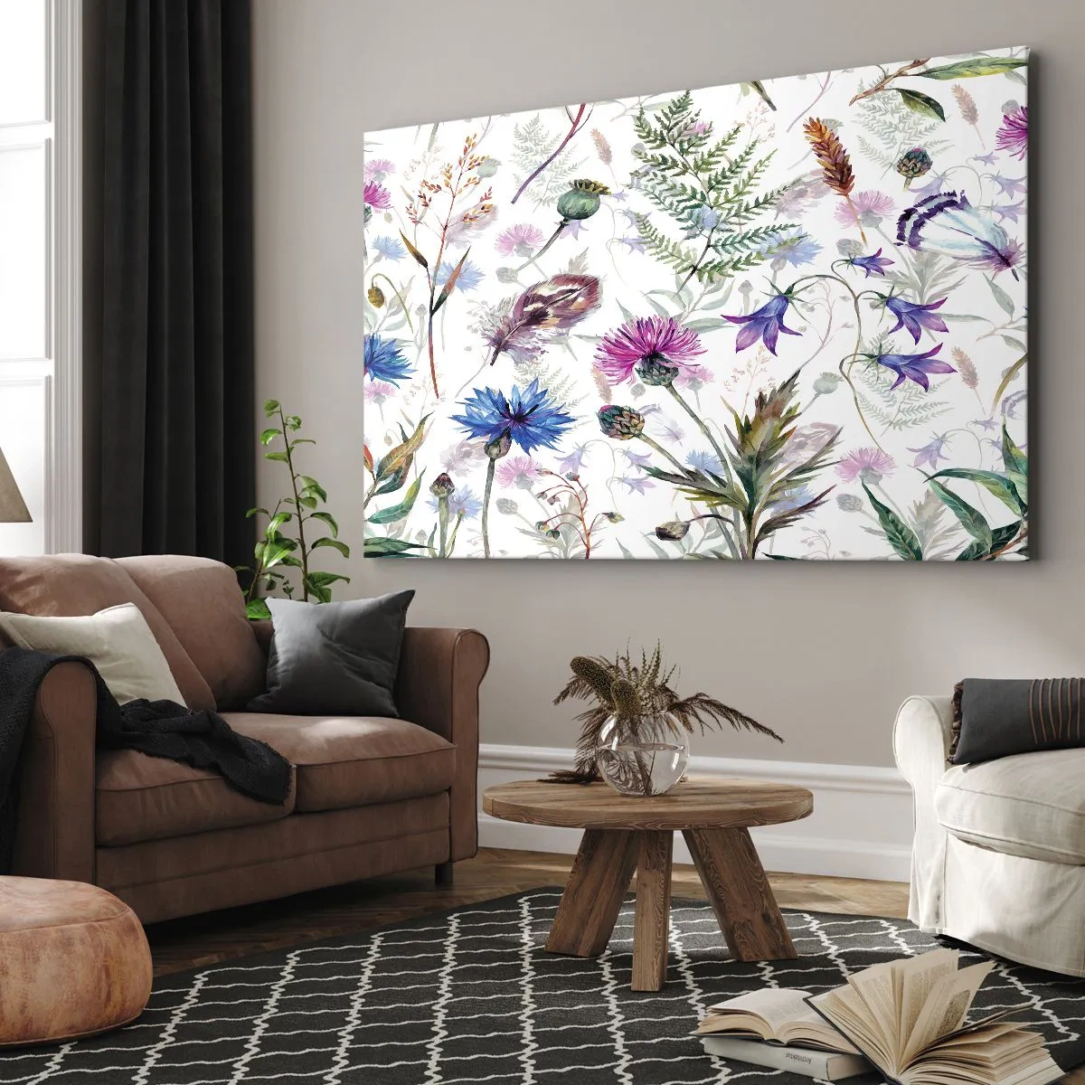 Obraz na płótnie - Akwarelowe kwiaty i zioła na białym tle w stylu zielnika - 70x50cm - Polski zielnik - Nowoczesna dekoracja ścienna do salonu i sypialni ARTTOR