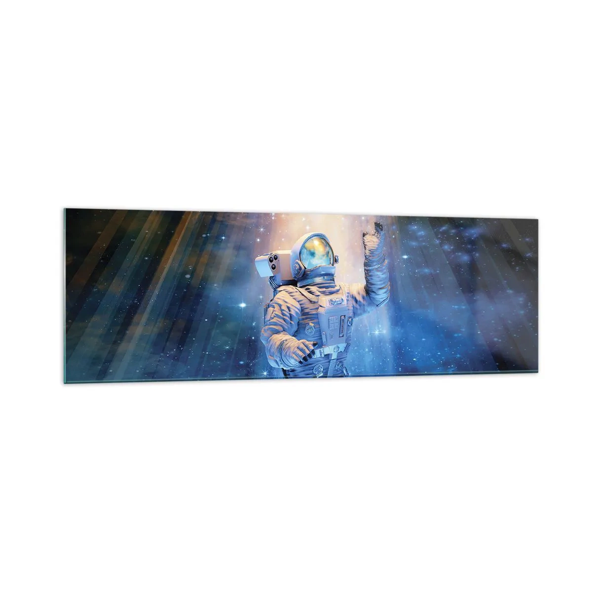 Obraz na szkle - Astronauta w świetle kosmicznej eksplozji pełnej gwiazd - 160x50cm - Wreszcie u celu - Nowoczesna dekoracja ścienna do salonu i sypialni ARTTOR