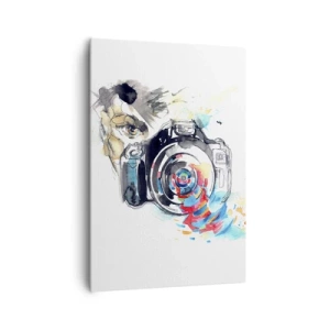 Obraz na płótnie - Akwarela aparatu fotograficznego z kolorowymi detalami - 70x100cm - W oku obiektywu - Nowoczesna dekoracja ścienna do salonu i sypialni ARTTOR
