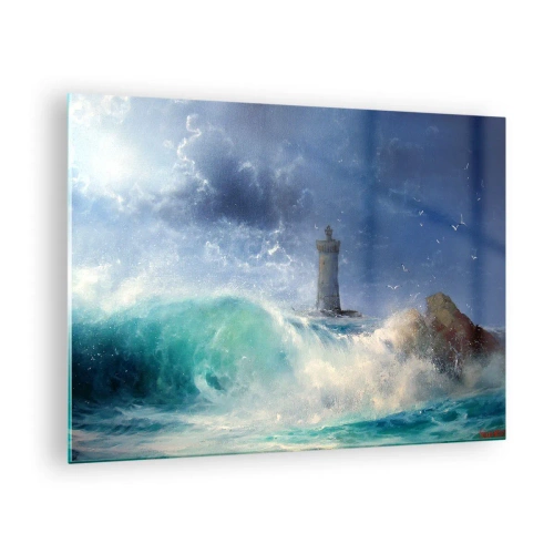 Obraz na szkle - Latarnia morska wśród wzburzonych fal oceanu - 70x50cm - Na straży przeciw żywiołom - Nowoczesna dekoracja ścienna do salonu i sypialni ARTTOR