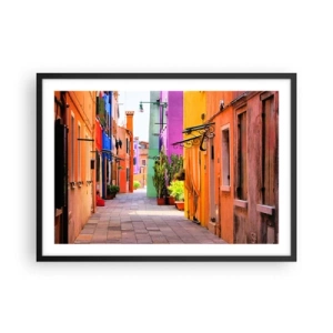 Plakat w czarnej ramie - Kolorowa uliczka z kamienicami w jasnych odcieniach - 70x50cm - Tęczowy zaułek - Nowoczesna dekoracja ścienna do salonu i sypialni ARTTOR