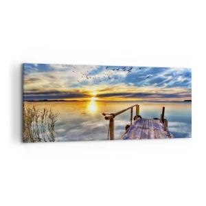 Obraz na płótnie - Drewniany pomost nad jeziorem o zachodzie słońca - 120x50cm - Wiatr idzie na spoczynek - Nowoczesna dekoracja ścienna do salonu i sypialni ARTTOR