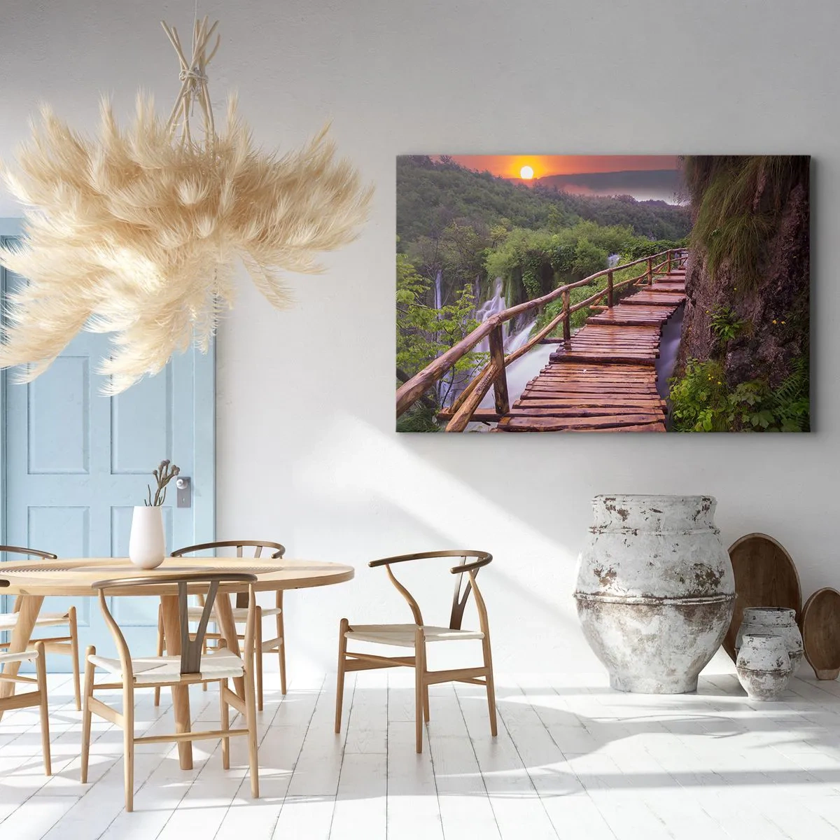Obraz na płótnie - Mostek z widokiem na wodospady o zachodzie słońca - 70x50cm - Piękno nie do uwierzenia - Nowoczesna dekoracja ścienna do salonu i sypialni ARTTOR