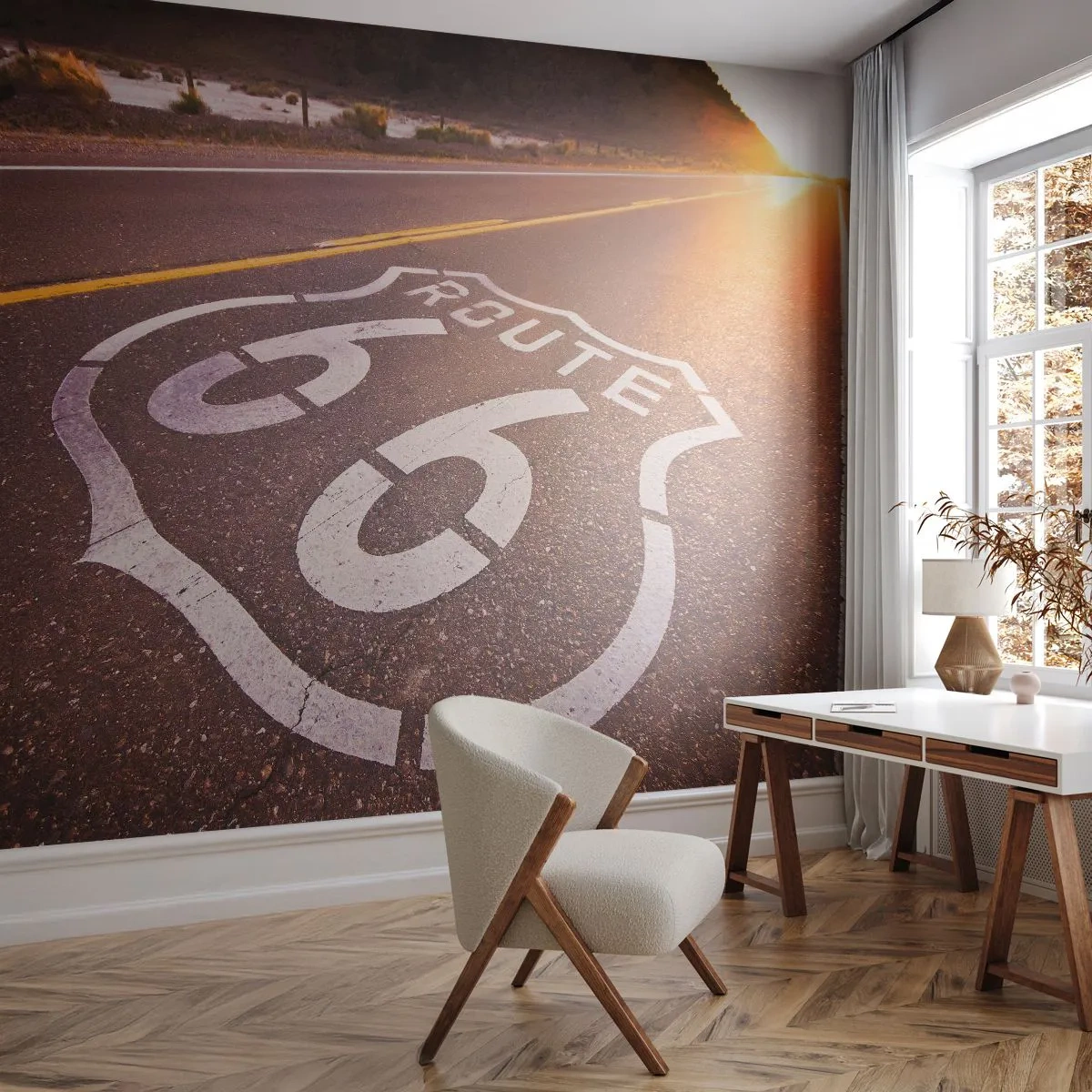 Fototapeta Premium Sand - Droga Route 66 o zachodzie słońca - 100x70cm - Słynna droga 66 - Nowoczesna dekoracja ścienna do salonu, kuchni i sypialni ARTTOR