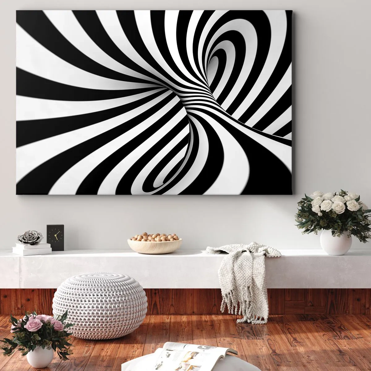 Obraz na płótnie - Abstrakcyjny tunel z czarno-białymi pasami w spirali - 70x50cm - Kompozycja: tańcząca przestrzeń - Nowoczesna dekoracja ścienna do salonu i sypialni ARTTOR