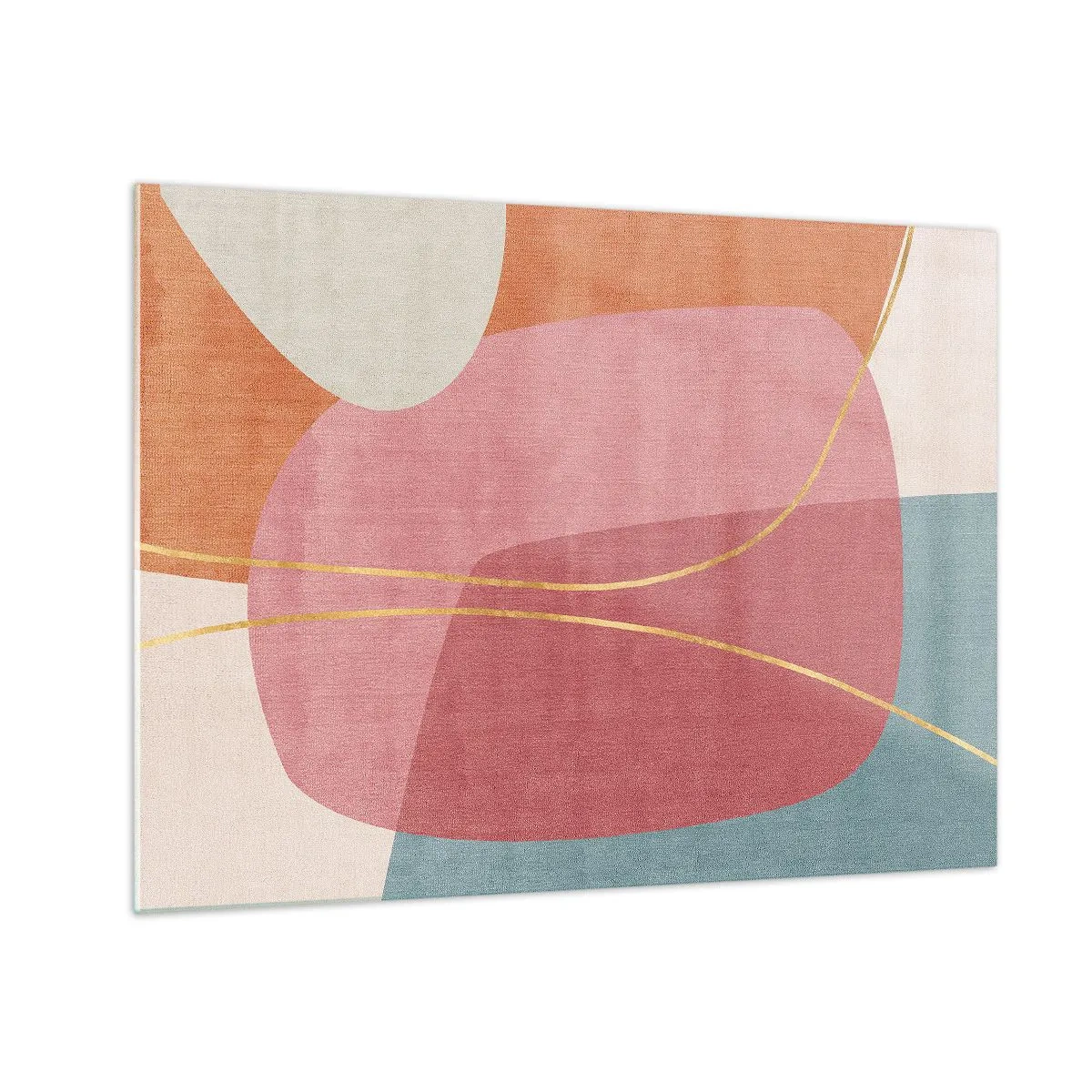 Obraz na szkle - Pastelowe kształty z przecinającymi złotymi liniami - 70x50cm - Pastelowa kompozycja z nicią złota - Nowoczesna dekoracja ścienna do salonu i sypialni ARTTOR