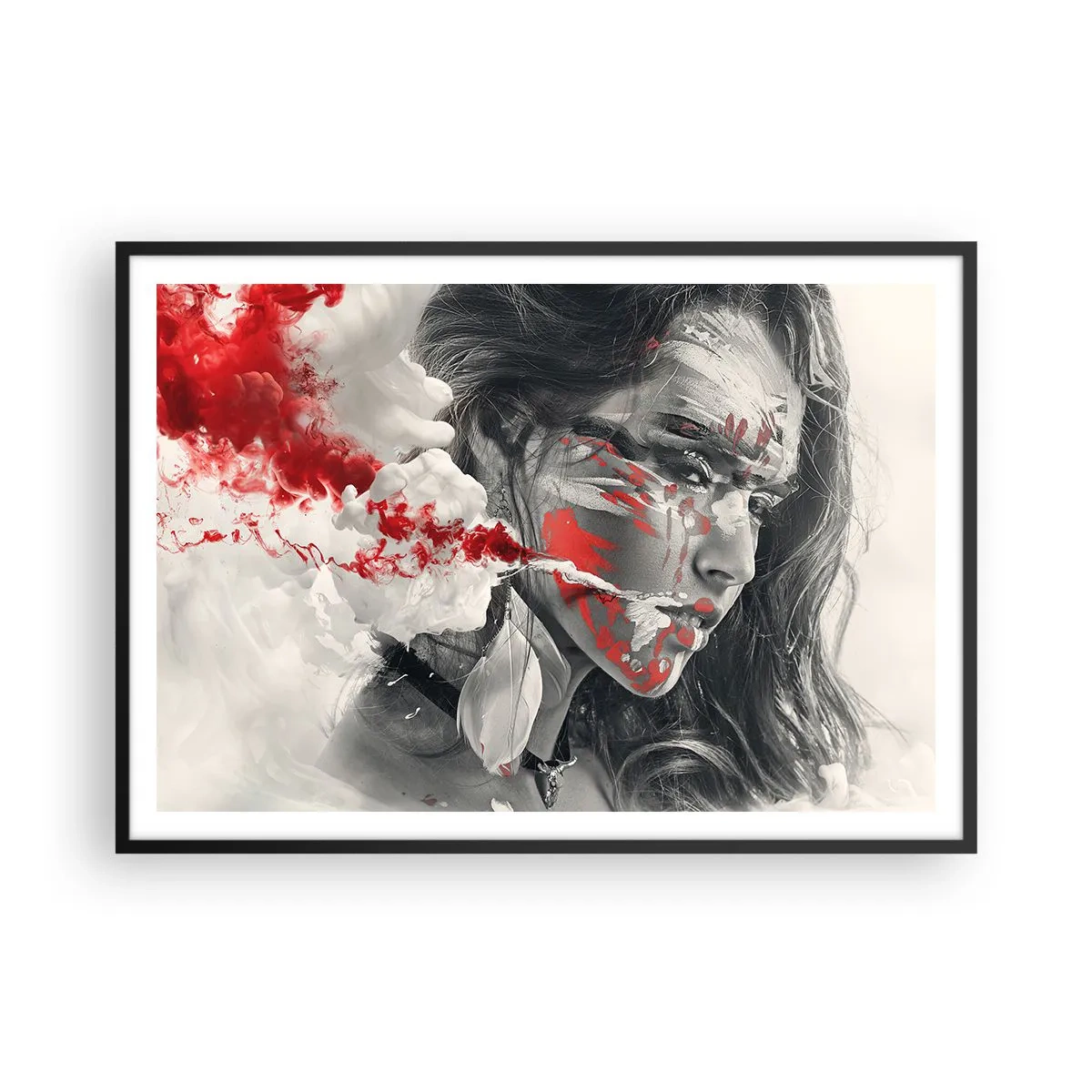 Plakat w czarnej ramie - Artystyczny portret kobiety z abstrakcyjnymi czerwonymi akcentami - 100x70cm - W oparach absurdu - Nowoczesna dekoracja ścienna do salonu i sypialni ARTTOR