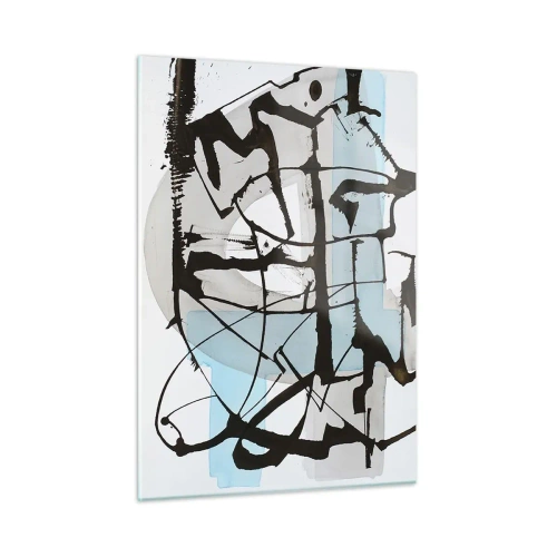 Obraz na szkle - Abstrakcyjna kompozycja z czarnym szkicem i błękitnymi plamami - 50x70cm - Mimo wszystko błękitny - Nowoczesna dekoracja ścienna do salonu, kuchni i sypialni ARTTOR