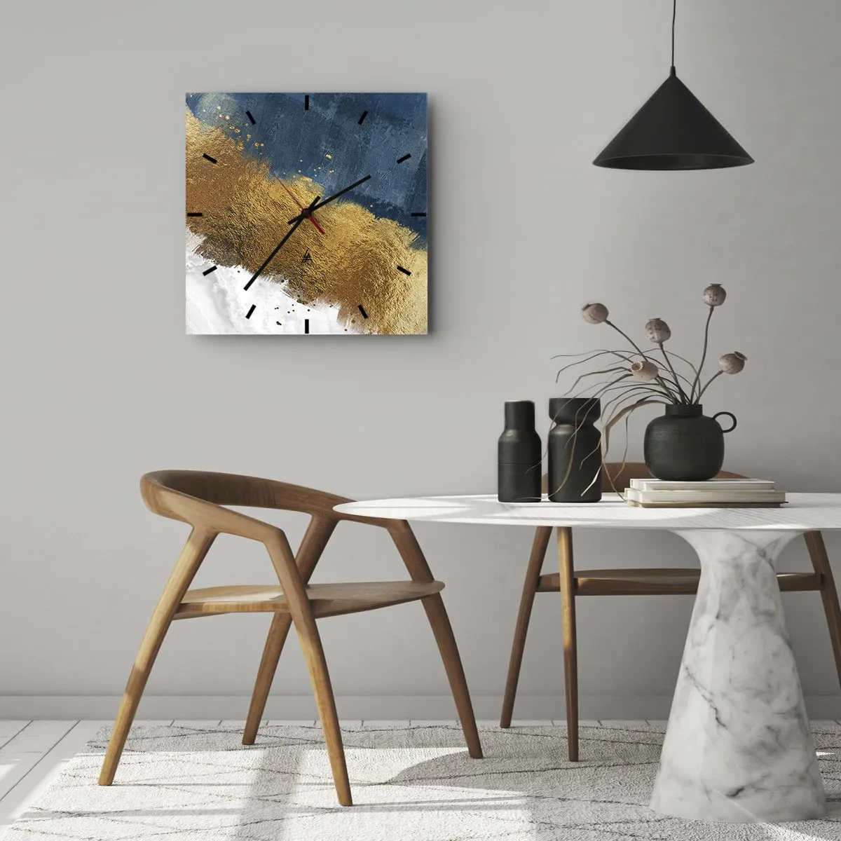 Zegar ścienny - Abstrakcyjna kompozycja w odcieniach złota, błękitu i bieli - 30x30cm - Barwy lata - Nowoczesna dekoracja ścienna do salonu i sypialni ARTTOR