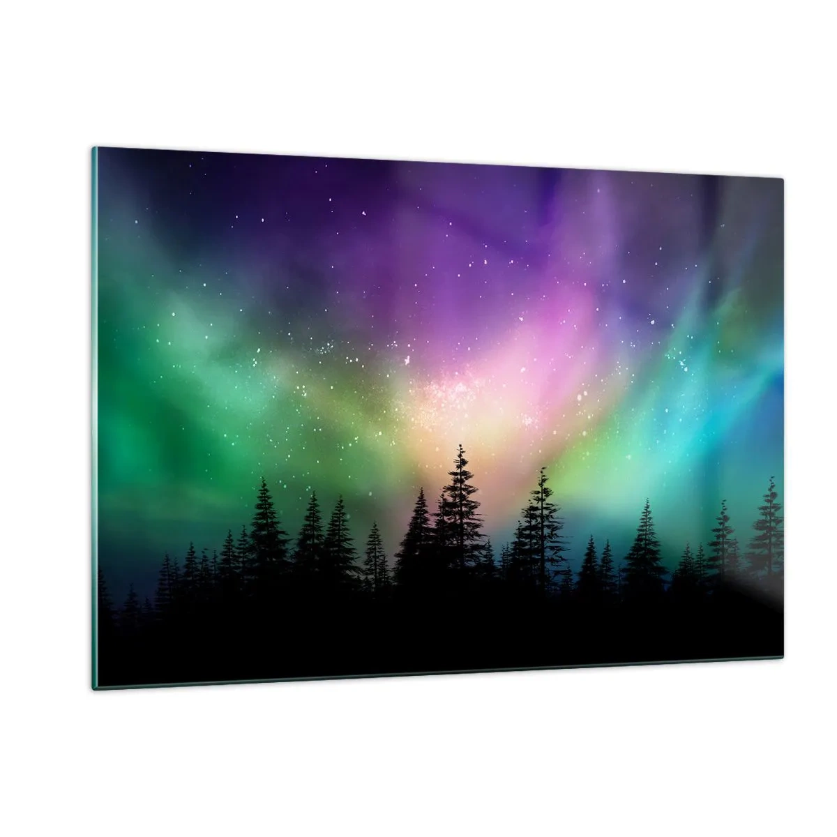 Obraz na szkle - Las nocą pod kolorową zorzą polarną - 120x80cm - Biała magia - Nowoczesna dekoracja ścienna do salonu, kuchni i sypialni ARTTOR
