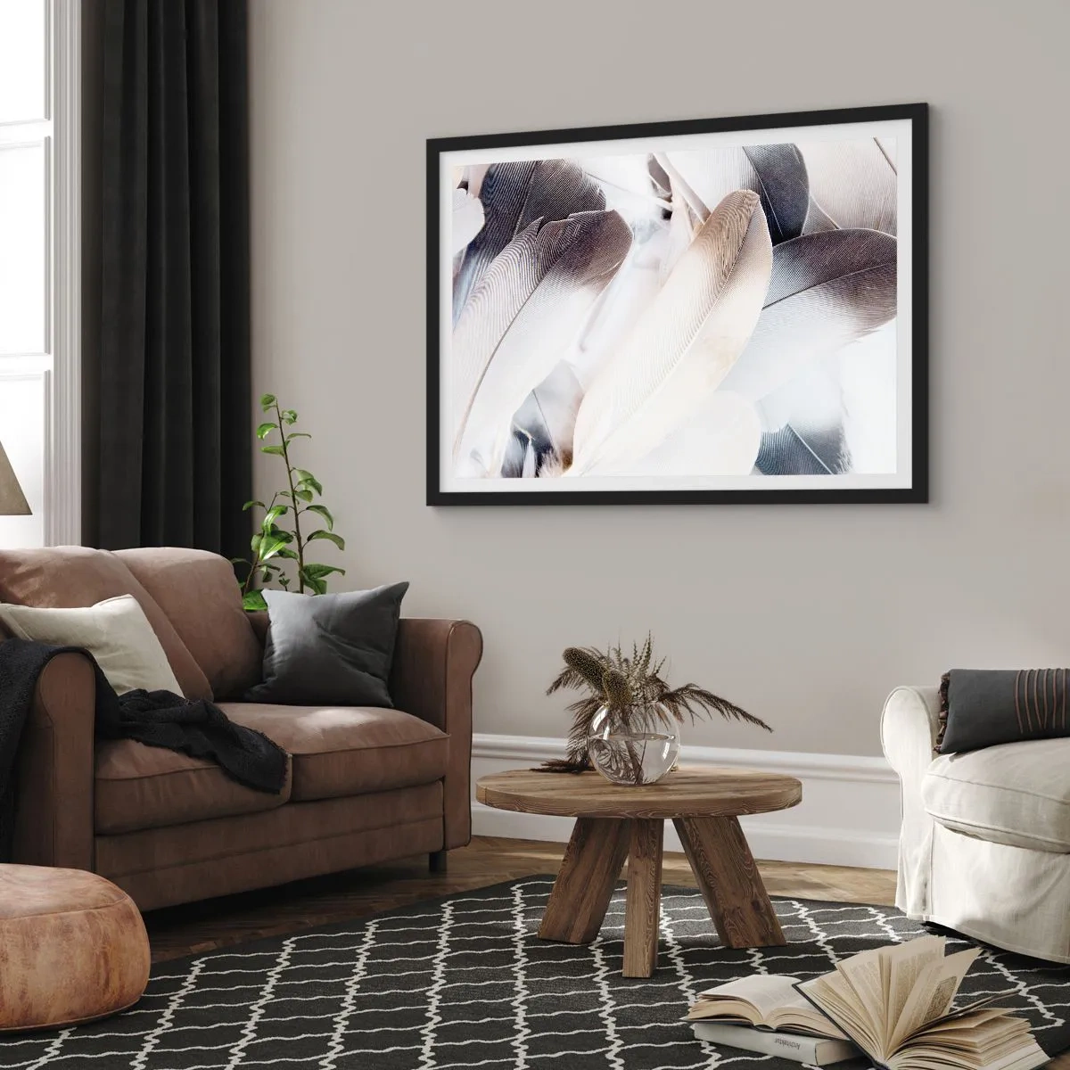 Plakat w czarnej ramie - Zbliżenie na delikatne pióra w odcieniach bieli i szarości - 70x50cm - Niemal anielskie - Nowoczesna dekoracja ścienna do salonu i sypialni ARTTOR