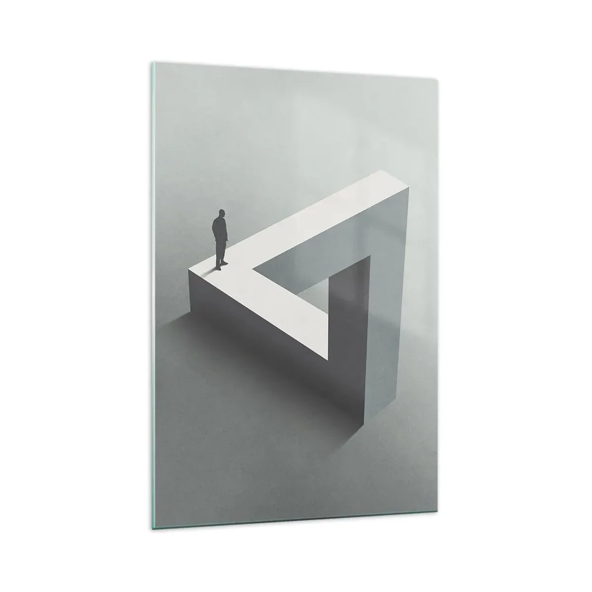 Obraz na szkle - Postać stojąca na trójkącie Penrose’a w szarościach - 70x100cm - A jednak możliwe - Nowoczesna dekoracja ścienna do salonu i sypialni ARTTOR