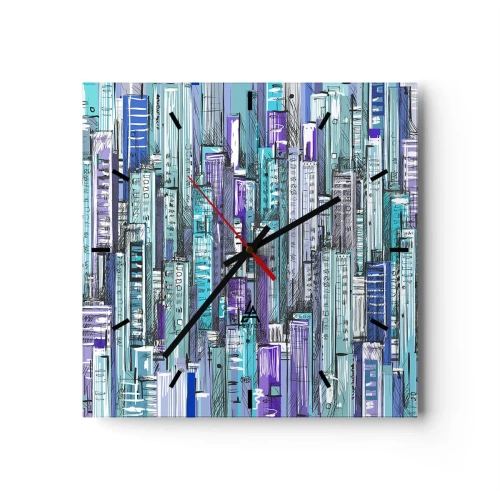 Zegar ścienny - Ilustracja miasta z geometrycznymi budynkami w odcieniach błękitu i fioletu - 30x30cm - Pobłękitniałe od nieba - Nowoczesna dekoracja ścienna do salonu i sypialni ARTTOR