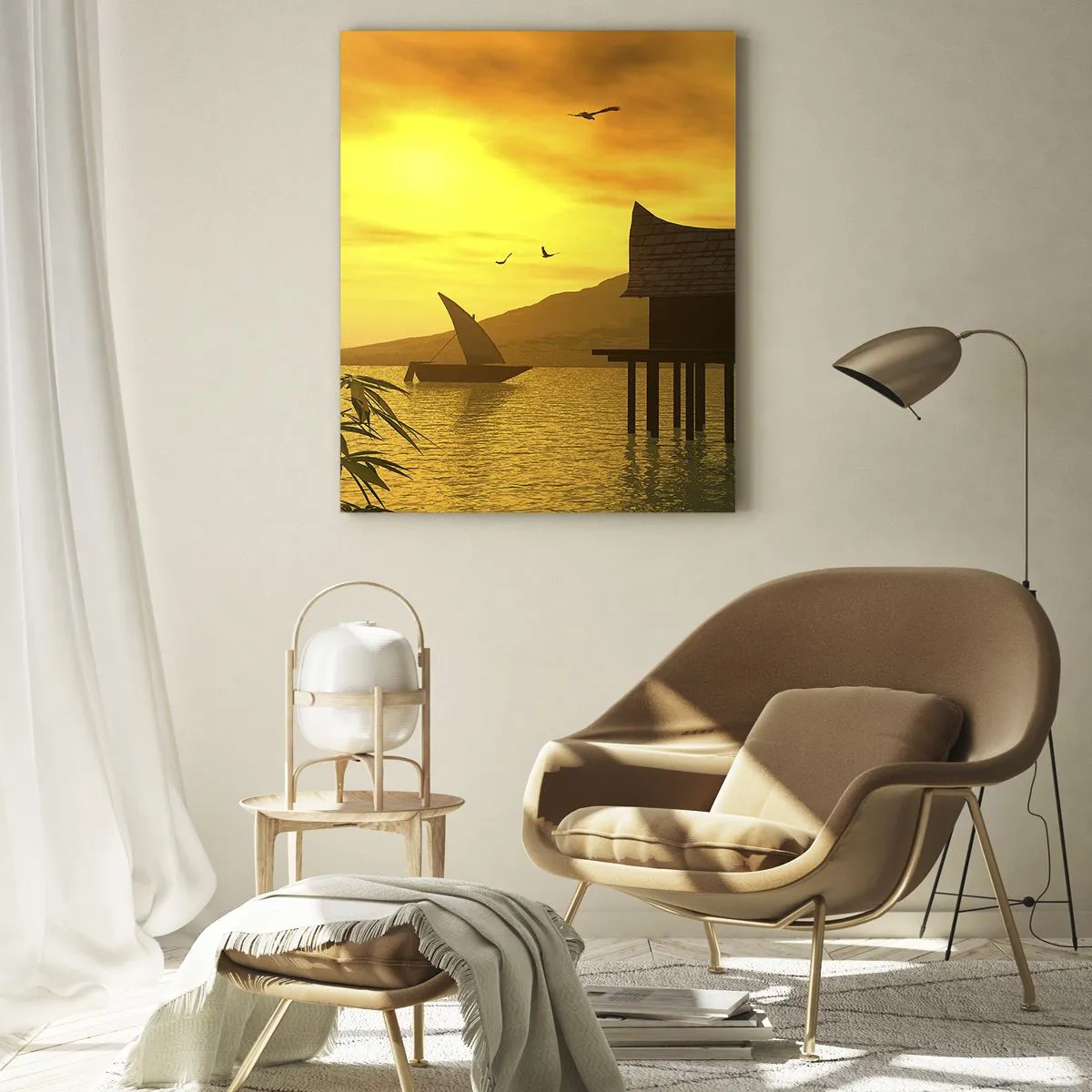 Obraz na szkle - Zachód słońca nad jeziorem z domkiem na palach - 50x70cm - Upragniony spokój - Nowoczesna dekoracja ścienna do salonu, kuchni i sypialni ARTTOR
