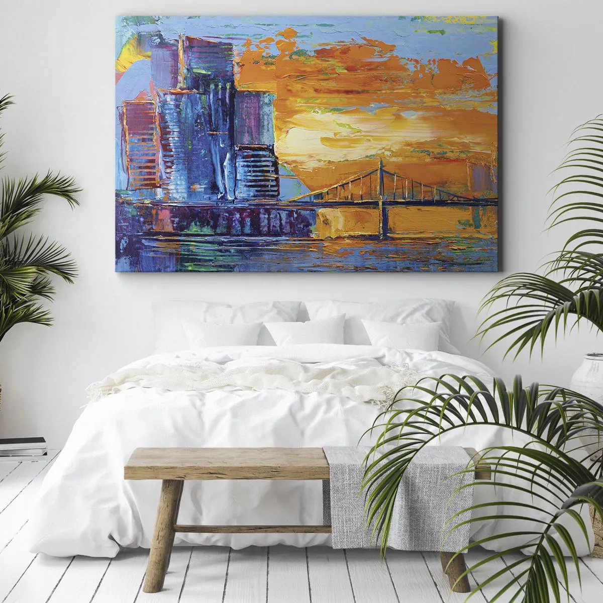 Obraz na płótnie - Kolorowe miasto z mostem w zachodzącym słońcu - 70x50cm - Kultura i natura - Nowoczesna dekoracja ścienna do salonu i sypialni ARTTOR