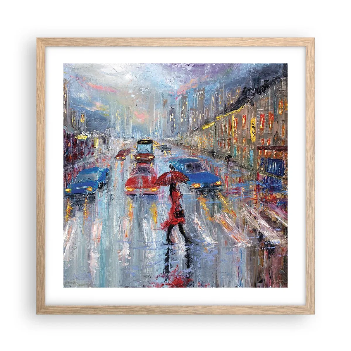 Plakat w ramie jasny dąb - Deszczowe popołudnie w mieście - 50x50 cm