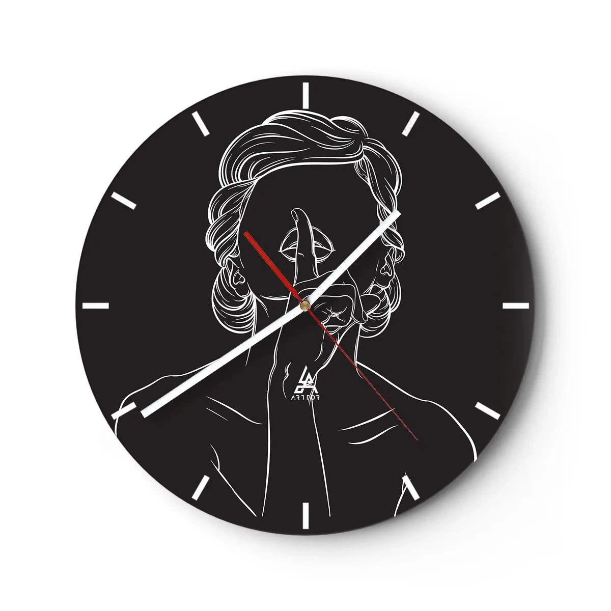 Zegar ścienny - Biała konturowa postać kobiety z palcem przy ustach na czarnym tle - 30x30cm - Piękno rozkwita w ciszy - Nowoczesna dekoracja ścienna do salonu, kuchni i sypialni ARTTOR