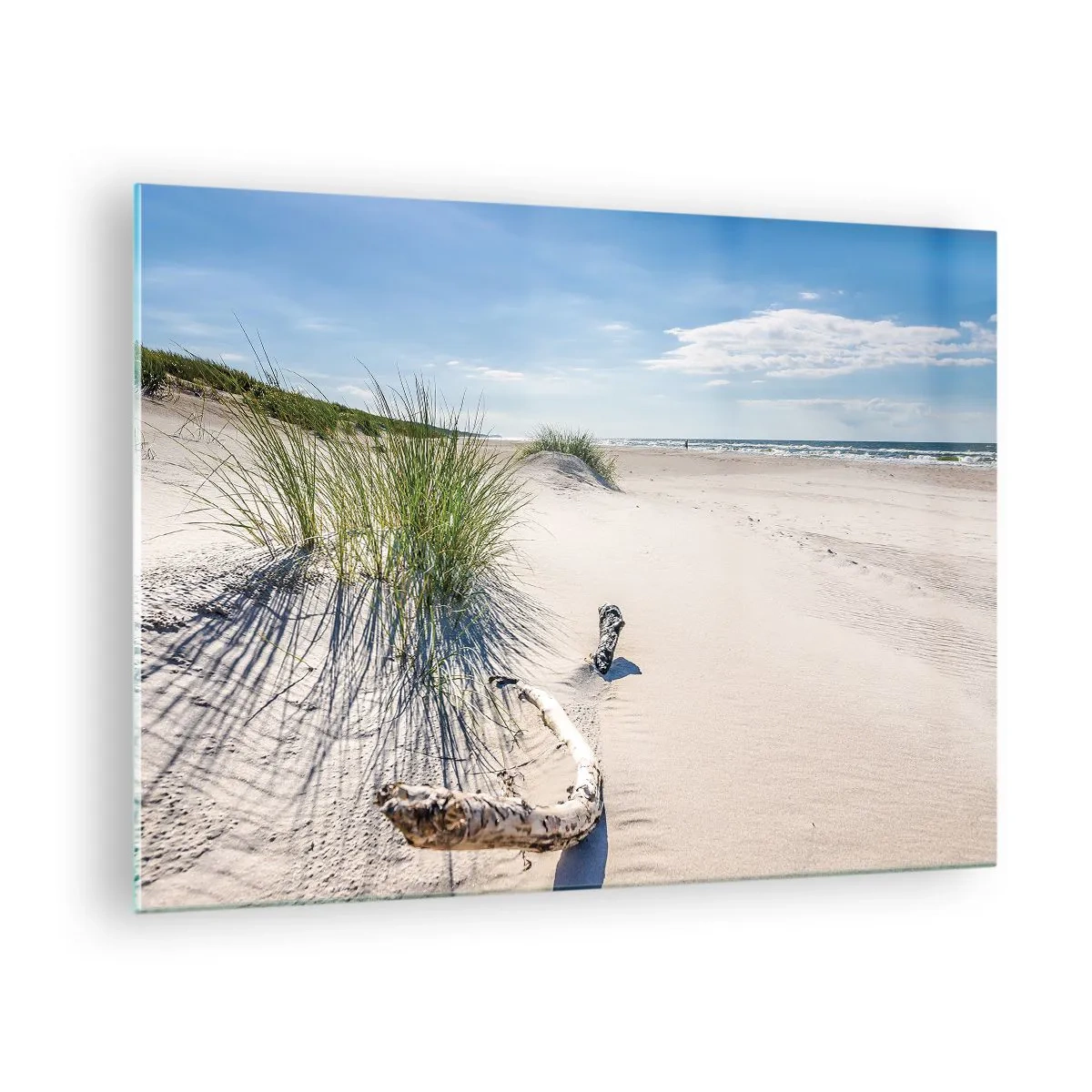 Obraz na szkle - Słoneczna plaża z wydmami i trawami nad morzem - 70x50cm - Najpiękniejsza? Bałtycka - Nowoczesna dekoracja ścienna do salonu i sypialni ARTTOR