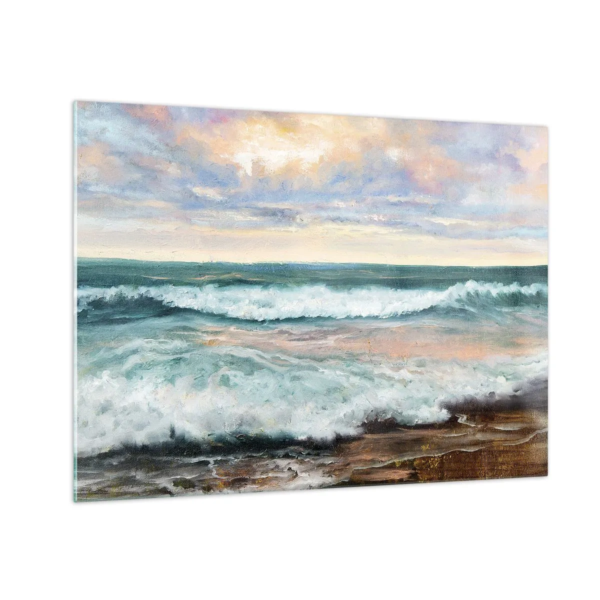 Obraz na szkle - Obraz malarski przedstawiający fale uderzające o brzeg - 70x50cm - Tutaj wygładzisz duszę - Nowoczesna dekoracja ścienna do salonu i sypialni ARTTOR