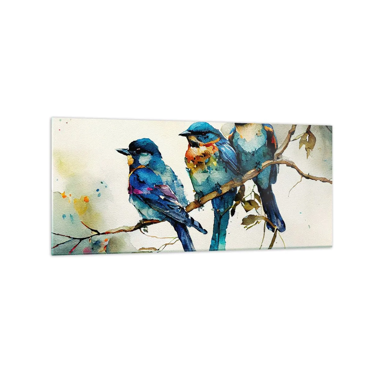 Obraz na szkle - Trzy kolorowe ptaki na gałęzi w akwarelowym stylu - 120x50cm - Obraził się? - Nowoczesna dekoracja ścienna do salonu i sypialni ARTTOR