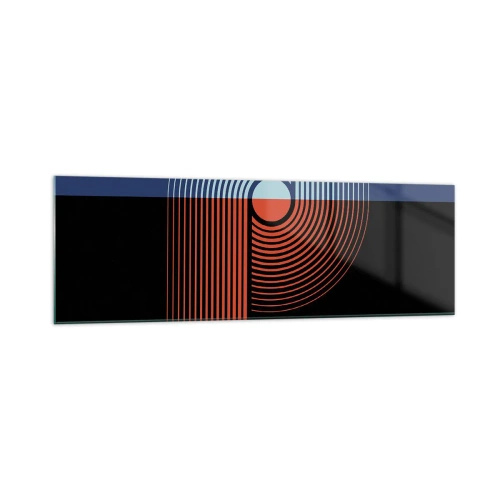 Obraz na szkle - Geometryczna abstrakcja z liniami w kolorach granatu i pomarańczu - 160x50cm - W geometrycznym uścisku - Nowoczesna dekoracja ścienna do salonu i sypialni ARTTOR