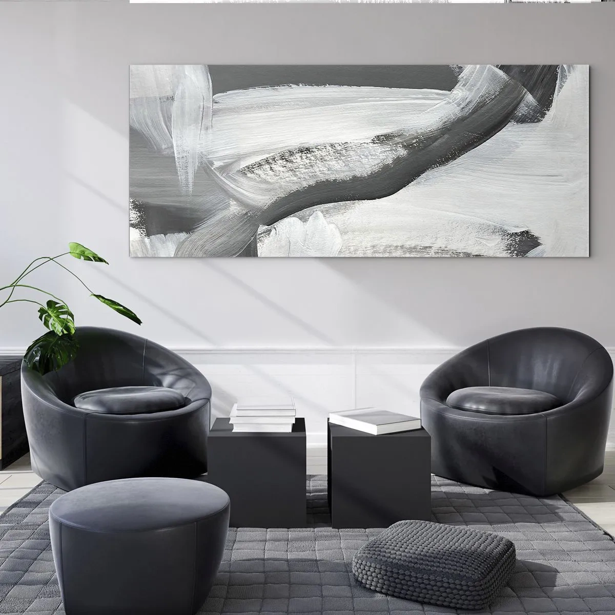 Obraz na szkle - Szaro-biała abstrakcja z dynamicznymi liniami - 140x50cm - Zdecydowanym ruchem - Nowoczesna dekoracja ścienna do salonu i sypialni ARTTOR