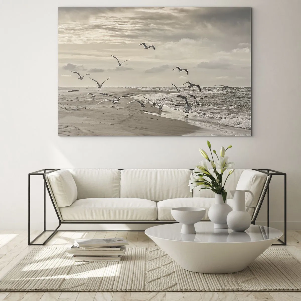 Obraz na szkle - Ptaki nad brzegiem morza o świcie w odcieniach sepii - 100x70cm - Morza szum, ptaków śpiew - Nowoczesna dekoracja ścienna do salonu, kuchni i sypialni ARTTOR