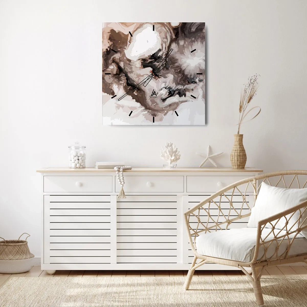Zegar ścienny - Abstrakcyjny wzór w odcieniach brązu i bieli - 30x30cm - Narodziny galaktyki - Nowoczesna dekoracja ścienna do salonu i sypialni ARTTOR