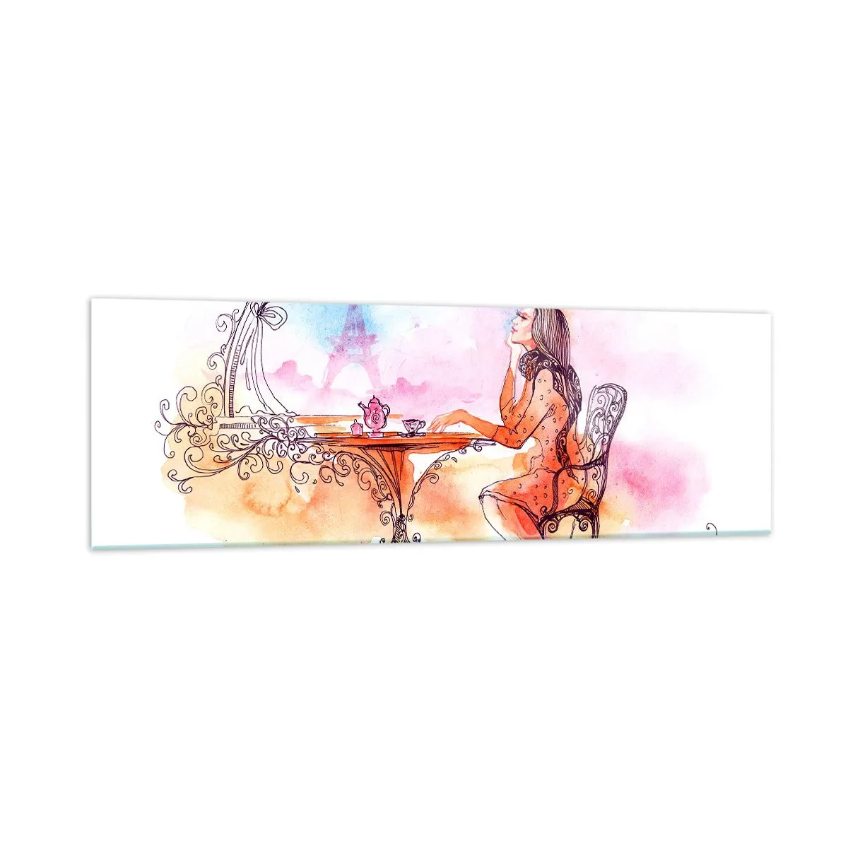Obraz na szkle - Romantyczna akwarela kobiety w kawiarni z widokiem na wieżę - 160x50cm - Paryski szyk - Nowoczesna dekoracja ścienna do salonu i sypialni ARTTOR