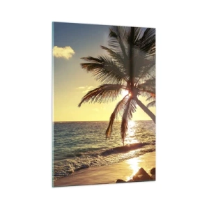 Obraz na szkle - Tropikalna plaża z palmami w świetle zachodzącego słońca - 50x70cm - Lato pod palmami - Nowoczesna dekoracja ścienna do salonu, kuchni i sypialni ARTTOR
