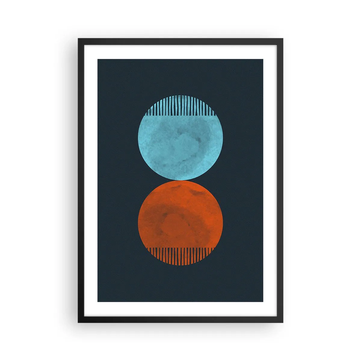 Plakat w czarnej ramie - Dwa koła – niebieskie i pomarańczowe na granatowym tle - 50x70cm - Tylko geometria? - Nowoczesna dekoracja ścienna do salonu i sypialni ARTTOR