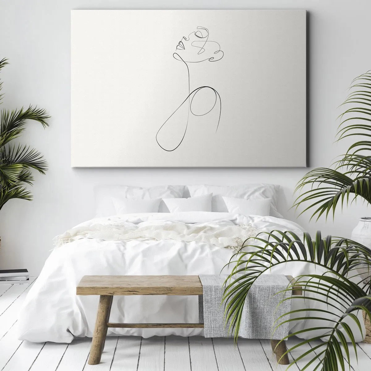 Obraz na płótnie - Minimalistyczny szkic twarzy w stylu line art na białym tle - 70x50cm - Zapętlona w marzeniach - Nowoczesna dekoracja ścienna do salonu i sypialni ARTTOR
