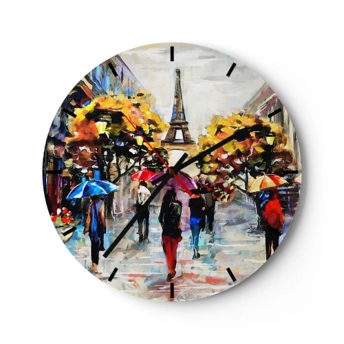 Zegar ścienny - Wieża Eiffla z jesiennymi drzewami i parasolami na ulicy - 30x30cm - Jesienią szczególnie piękny - Nowoczesna dekoracja ścienna do salonu, kuchni i sypialni ARTTOR