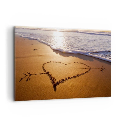 Obraz na płótnie - Serce z piasku na plaży podczas zachodu słońca - 120x80cm - Wakacyjne wyznanie - Nowoczesna dekoracja ścienna do salonu, kuchni i sypialni ARTTOR